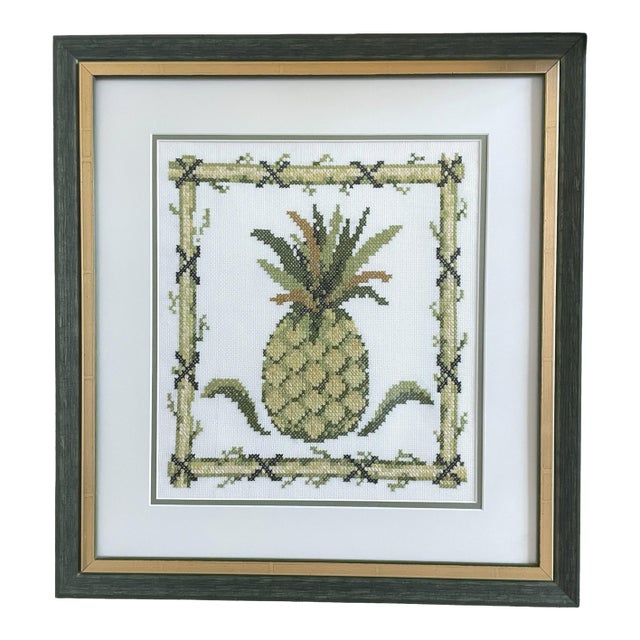 Handmade Custom-Framed 22x20" Cross Stitch Friendship Hospitality Pineapple Motif. Green and White For Sale