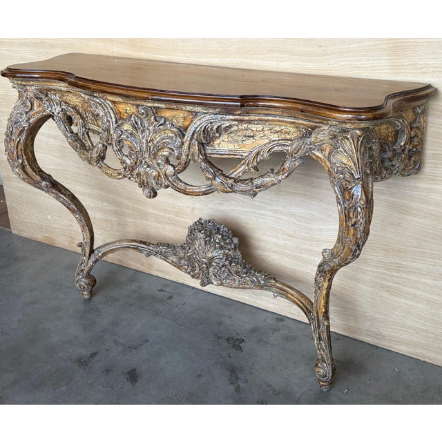 French Late 19th Century French Louis XIV Style Carved Painted Wall Mounted Console Table with wood top For Sale - Image 3 of 18