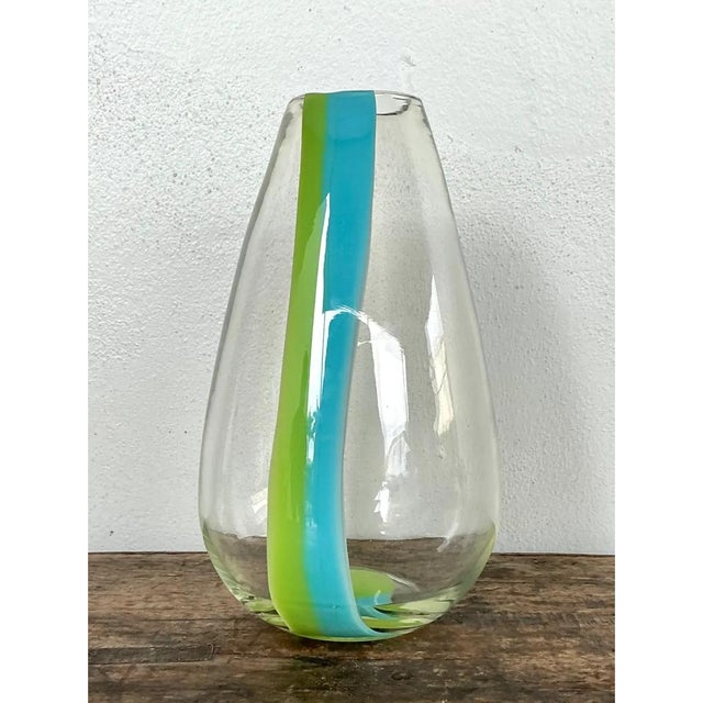 Mid-Century Modern Vintage Clear Glass Vase With Blue and Green Stripes For Sale - Image 3 of 12