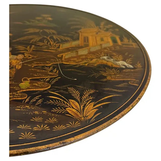 Early 20th Century Ebonized Gilt Chinoiserie Round Side Accent Pedestal Table For Sale - Image 5 of 12