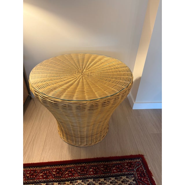 Vintage high quality round woven wicker side table purchased from a showroom in NYC D&D building. Features a sculptural...