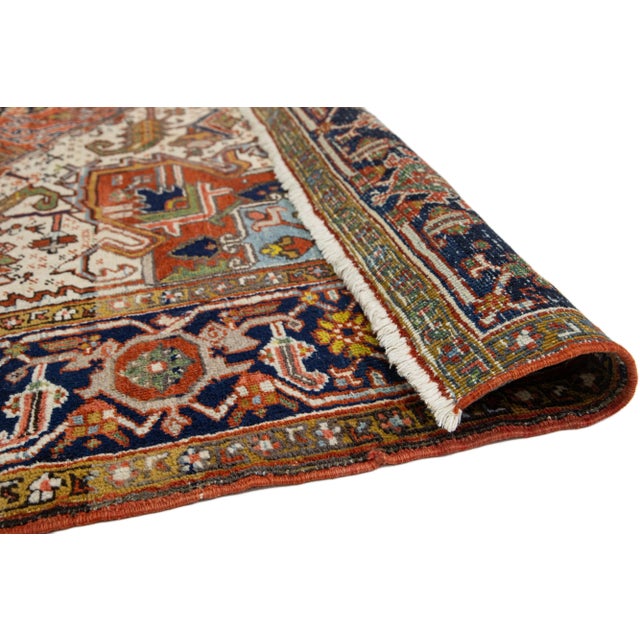 20th Century Rust Antique Heriz Wool Rug Handmade With Medallion Motif For Sale - Image 4 of 9