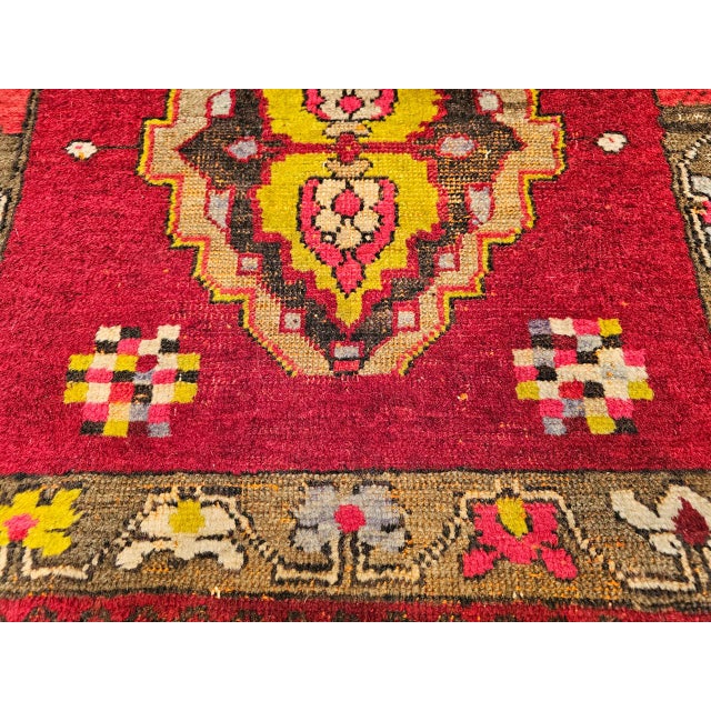 Early 20th Century Turkish Oushak Hand-Knotted Area Rug, , Red & Yellow, 2' x 2' For Sale - Image 4 of 7