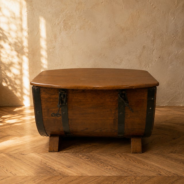 Oak Barrel Form Storage Chest with Black Metal Straps, 1930s For Sale - Image 9 of 9