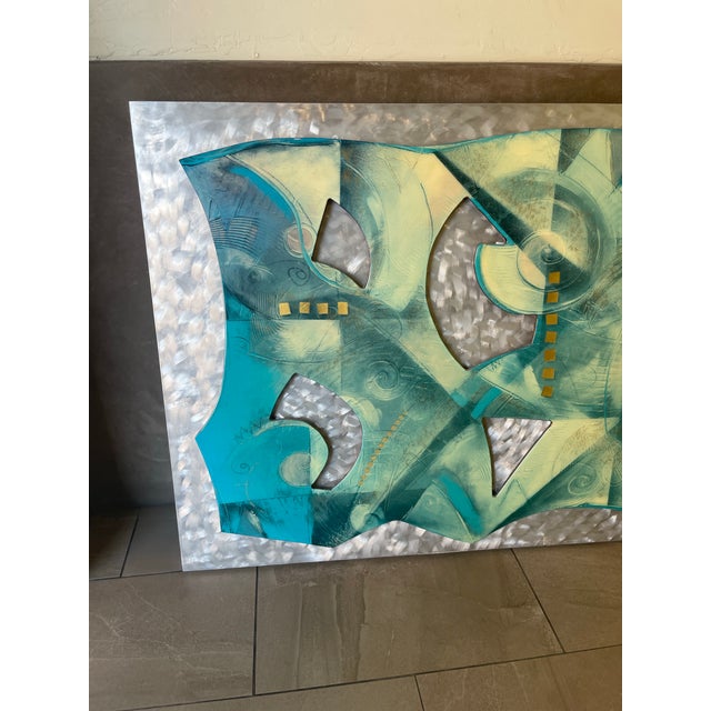 Turquoise Large 54” Mid-Century Abstract Cut Steel & Burnished Aluminum Wall Relief Sculpture For Sale - Image 8 of 12