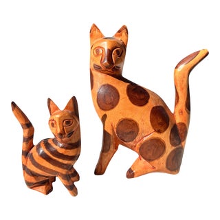 Vintage Jamaican Folk Arch Hand Carved Wood Cats a Pair For Sale