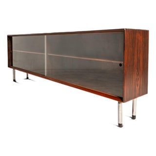 Bespoke 6ft Danish Mid-Century Modern Sofa Table / Display / Bookcase in Rosewood W/ Glass Sliding Doors, Denmark, C. 1960s For Sale