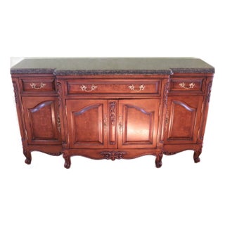 71” Bau Furniture French Louis XV Burl Wood and Green Marble Sideboard Buffet For Sale