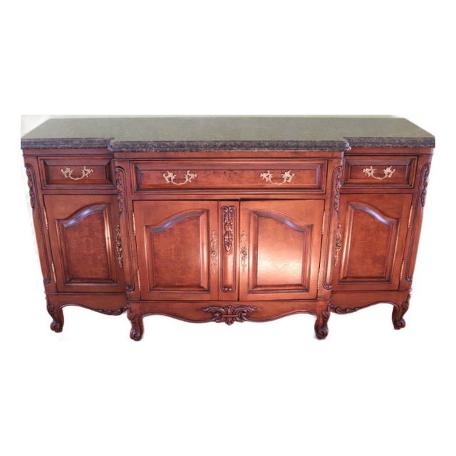 71” Bau Furniture French Louis XV Burl Wood and Green Marble Sideboard Buffet For Sale