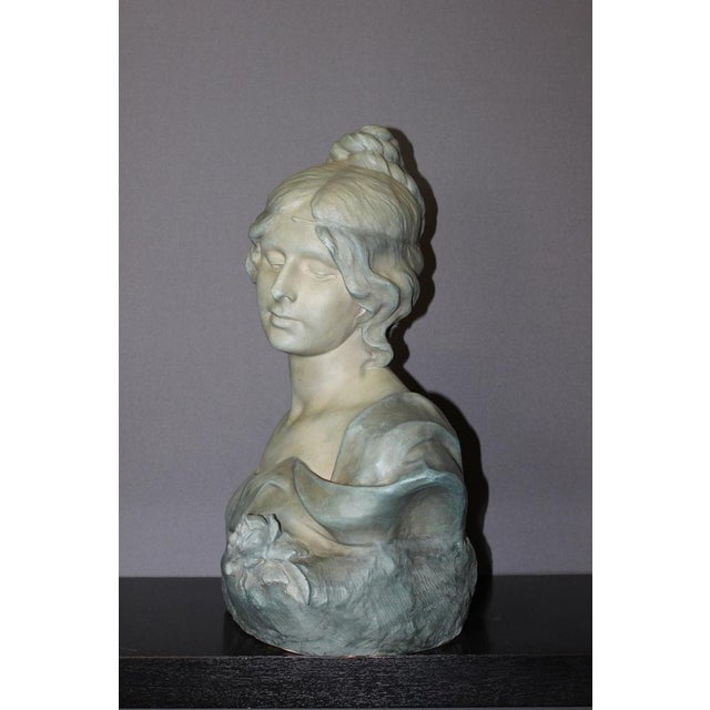 Bust of Young Woman in Ceramic with Blue-Green Patina by Léopold Bernard Bernstamm for Emile Muller, 1890s For Sale - Image 6 of 15