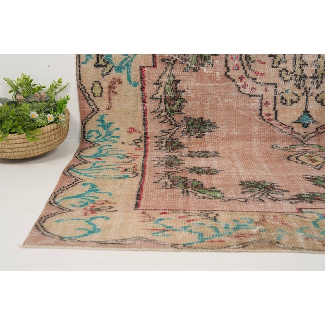 1970s Vintage Turkish Handmade Wool Cotton Pink Area Rug For Sale - Image 11 of 12