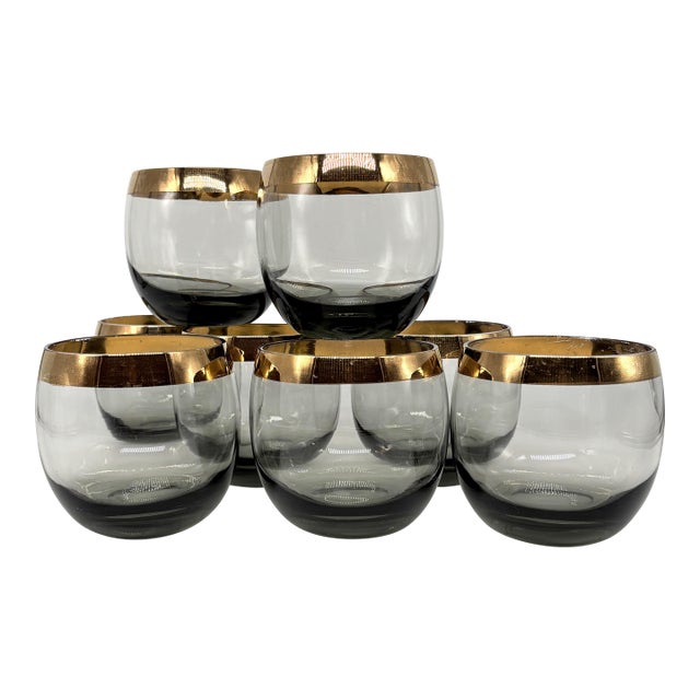 1960s Mid-Century Modern Smoky Gray Roly Poly Cocktail Glasses With Gold Rim - Set of 8 For Sale