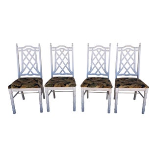 Mid 20th Century Faux Bamboo Fretwork Chinoiserie Liberty Dining Chairs Set of 4 For Sale