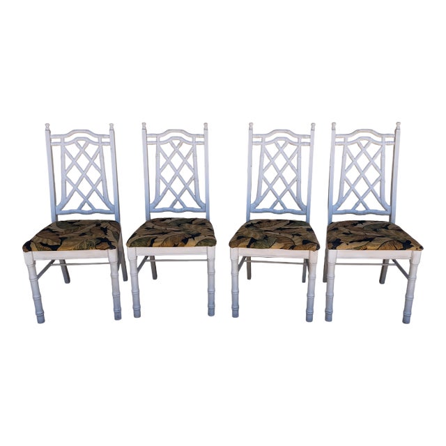 Mid 20th Century Faux Bamboo Fretwork Chinoiserie Liberty Dining Chairs Set of 4 For Sale
