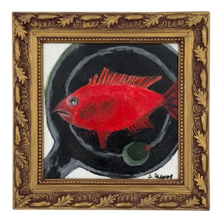 Original Scarlet Red Fish and Olive Still Life Painting on Canvas For Sale