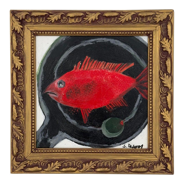 Original Scarlet Red Fish and Olive Still Life Painting on Canvas For Sale