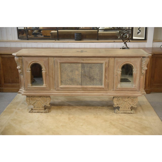 Large 4-Door Sideboard in Cerused Oak, Reverse-Painted Mirror and Leather, 1950s For Sale - Image 4 of 16