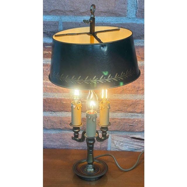 Gold Antique French Bouilette Brass and Metal Shade 3-Light Table Lamp, 1930s For Sale - Image 8 of 11