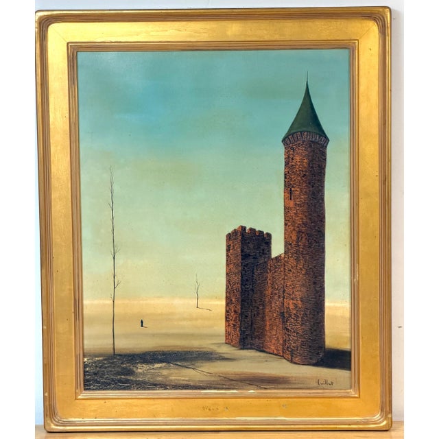Textile Álvaro Guillot Surrealist Fortress Landscape Oil Painting, Signed For Sale - Image 7 of 15