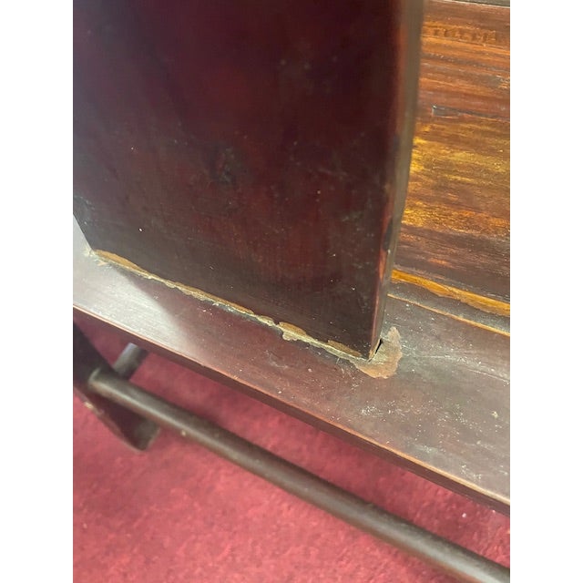 Vintage Pair Oriental Wooden Yoke Back Scholar Cap Arm Chairs Carved W/ Cut Out Design Back For Sale - Image 11 of 18