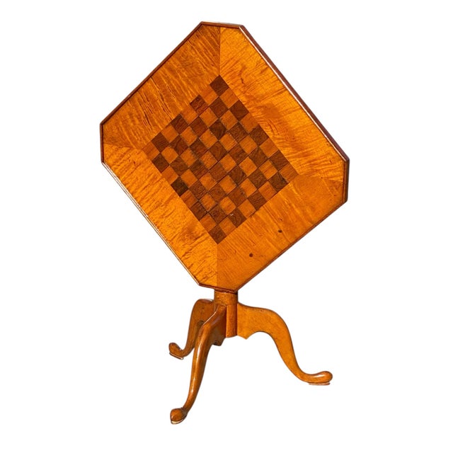 Queen Anne Antique Queen Anne Tiger Maple and Walnut Tilt Top Table With Checkerboard Top For Sale - Image 3 of 11