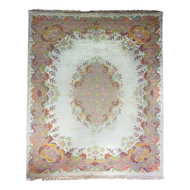 Large Vintage Medallion Pink Wool Rug For Sale