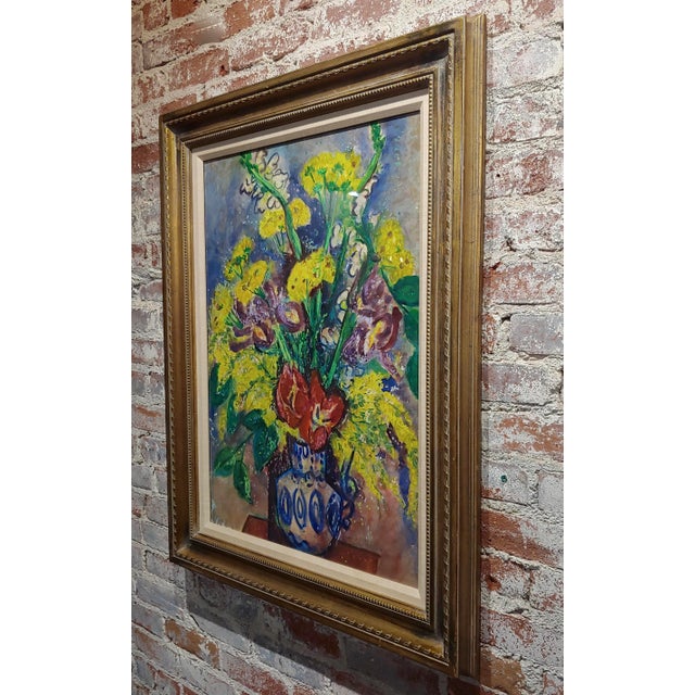 Yellow Pauline Polk -Still Life of Red & Yellow Flowers in a Blue Vase- Painting For Sale - Image 8 of 11