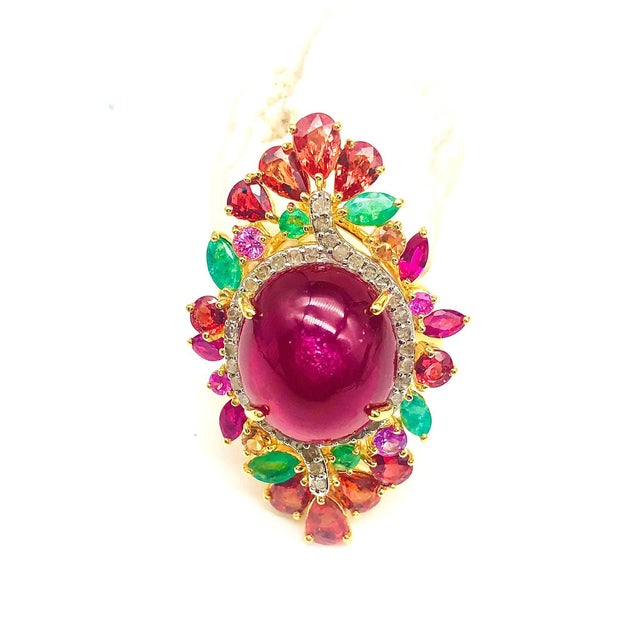 Bochic “Orient” Vintage Natural Ruby, Emerald, Sapphire & Diamond Ring Set In 18K & Silver Natural Oval Shape Center Ruby...