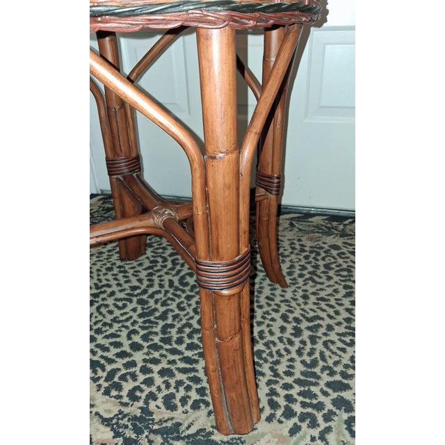 Beautiful vintage Palecek rattan and wicker round side table showcasing Coastal / British Colonial design. Artisan...