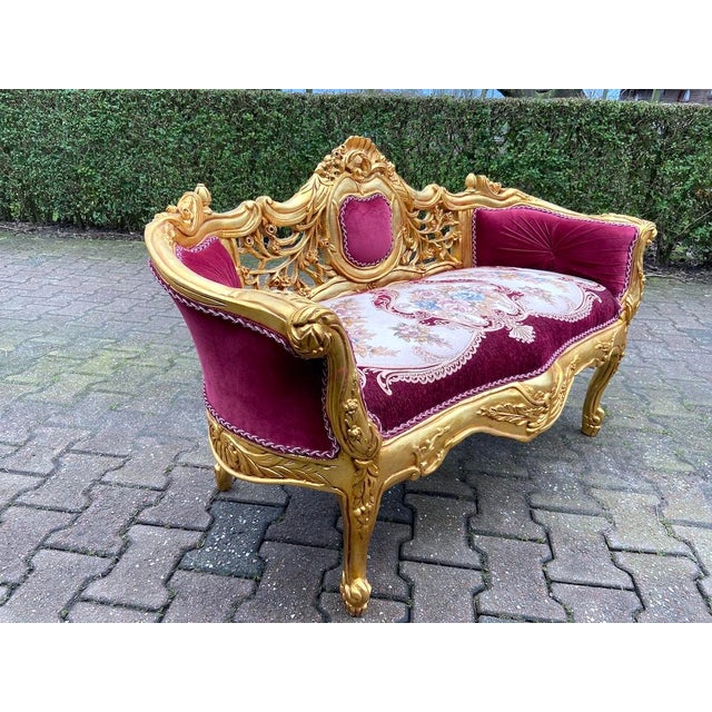 Vintage Late 20th Century French Louis XVI Settee in Red Velvet & Gilded Beech For Sale - Image 4 of 12