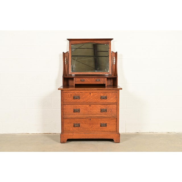 Liberty & Co. Antique English Mission Oak Arts & Crafts Vanity Dresser With Mirror, Circa 1900 For Sale - Image 13 of 13