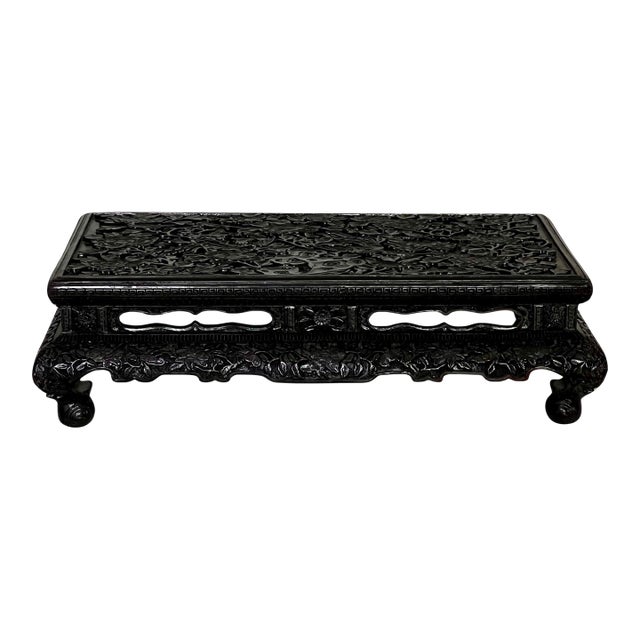 Chinese Black Lacquered Display Stand, Hardwood, Hand Carved, Rectangular, Early 20th C. For Sale