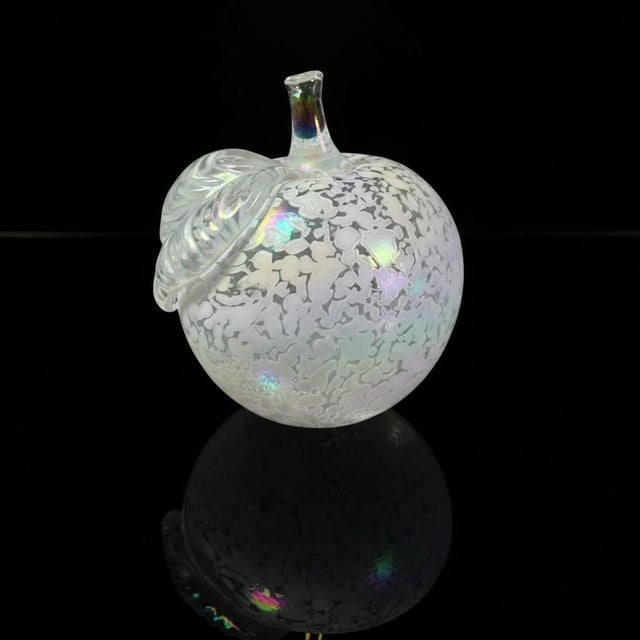 Iridescent Art Glass Apple Paperweight-White Spatter Glass-Hand Blown-Sculpture For Sale - Image 6 of 8