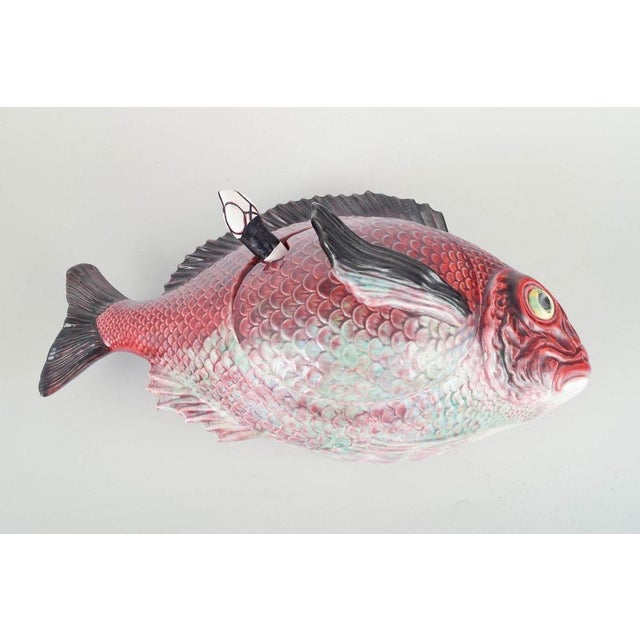 Portugal large hand-painted fish tureen. Decorative and humorous tureen shaped as a fish with lid and matching ladle....