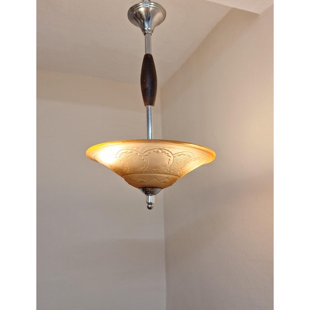 Wood Vintage French Art Deco Pendant Lamp with Pink-Tinted Relief Glass Shade, 1920s For Sale - Image 7 of 7