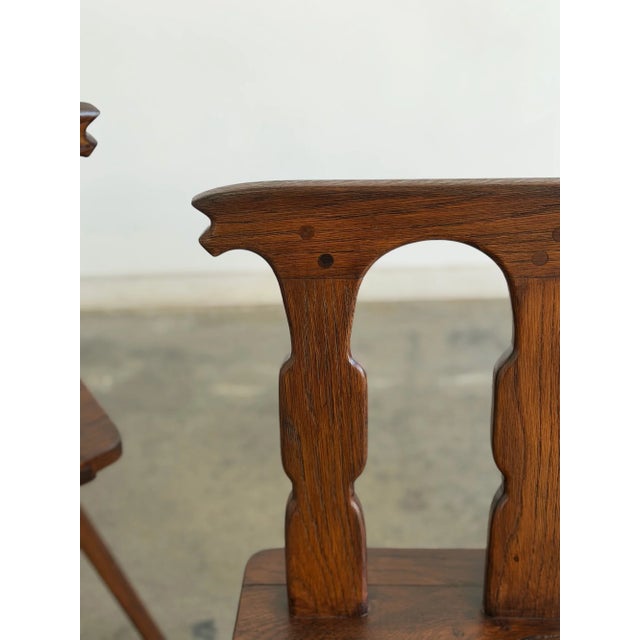 W15 D17 H33 SW14.75 SD13 SH17.5 A striking set of six vintage dining chairs featuring sculptural carved wood backrests...