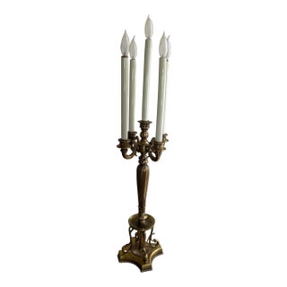 Vintage Large Brass Electric 5 Candle Light Candleabra Table Lamp 34" For Sale