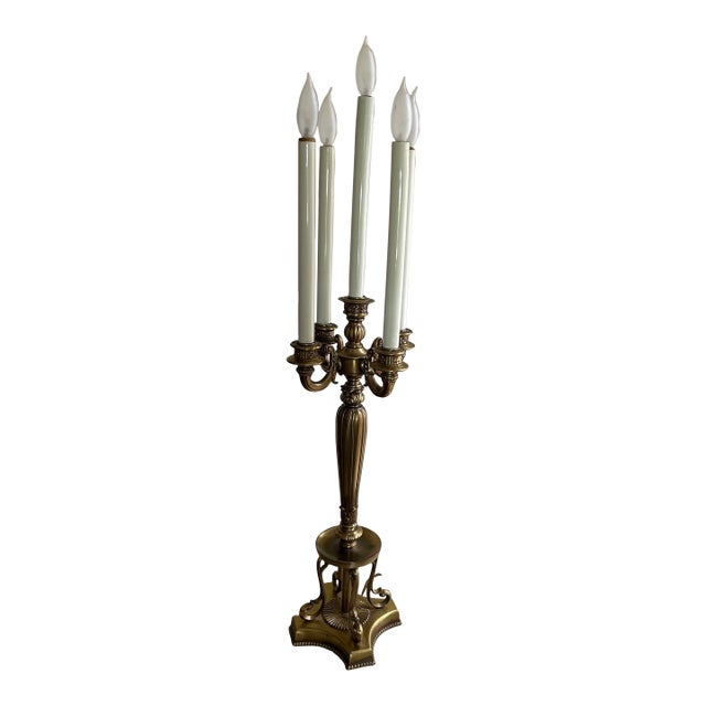 Vintage Large Brass Electric 5 Candle Light Candleabra Table Lamp 34" For Sale