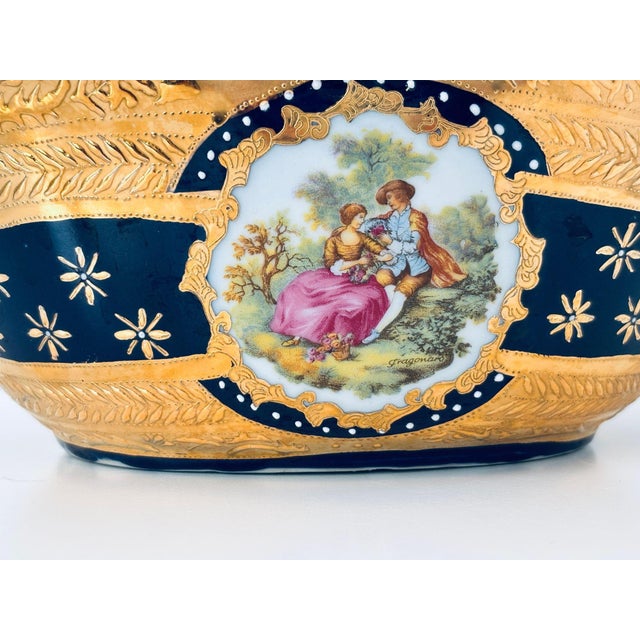 Vintage Large Cobalt Blue Porcelain Basket Vase with 22K Gold Encrustation and Romantic Scene in Limoges Style Elevate...