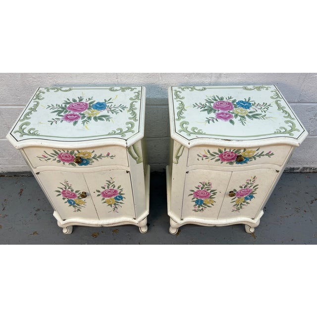 Infuse your space with timeless romance and European charm with this pair of French Provincial Hand-Painted Floral Night...