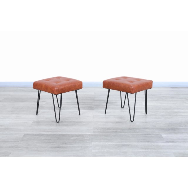 Mid-Century Modern Cognac Leather and Iron Harp Leg Stools, 1950s For Sale - Image 4 of 11