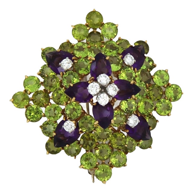 41ct Diamond Peridot & Amethyst 18k Yellow Gold Large Flower Brooch For Sale