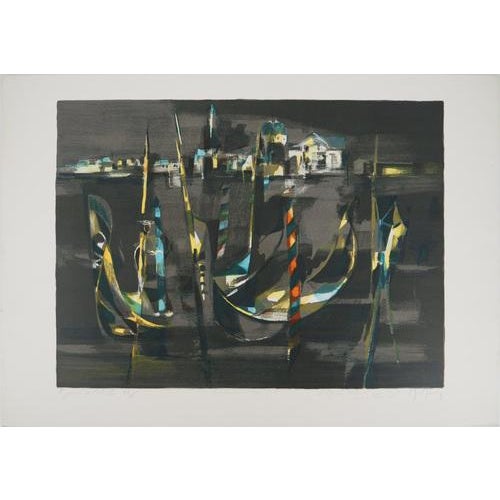 Marcel Mouly, The Gondolas in Front of St Georges at Night, Original Lithograph For Sale - Image 8 of 8