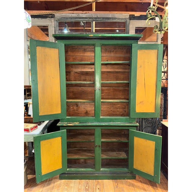 Early 20th Century Green Painted Two-Piece Folk Art Cupboard For Sale - Image 4 of 12