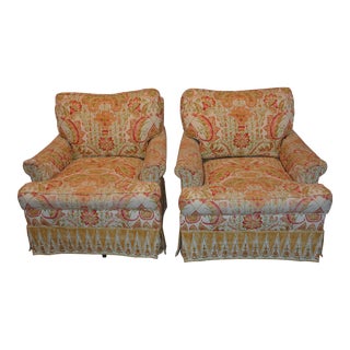 Pair of Swivel Rocker Club Chairs Covered in Brunschwig For Sale