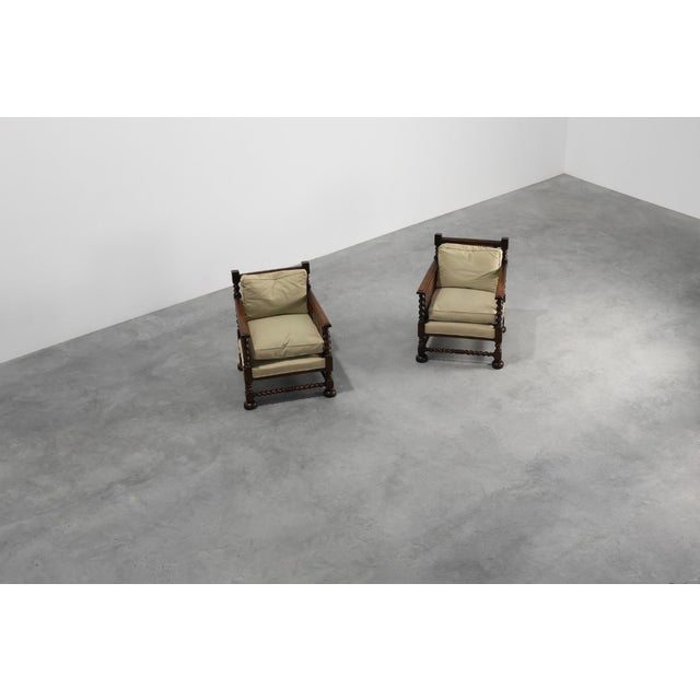 Wood Antique English Oak and Rattan Armchairs with Twisted Details, 1880, Set of 2 For Sale - Image 7 of 18