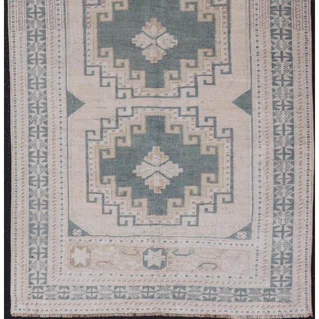White Vintage Turkish Oushak Rug With Geometric Medallions in Soft Green For Sale - Image 8 of 10