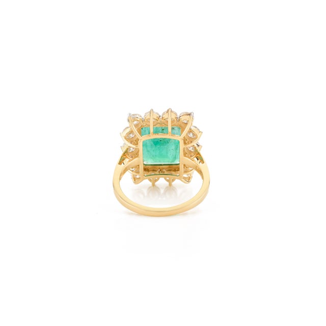 Metal Zambian Emerald Halo Diamond Statement Ring in 18k Solid Gold Size 5 For Sale - Image 7 of 12