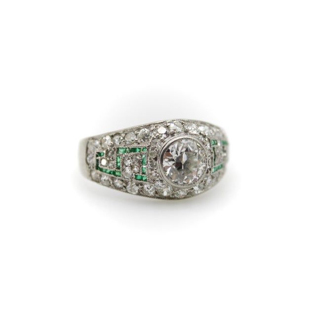 Art Deco 1920s Art Deco Platinum Diamond Emerald and Pave Diamond Ring, Size 7.5 For Sale - Image 3 of 10