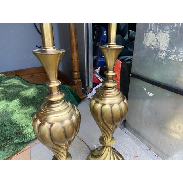 1950s Rembrandt Masterpiece Collection Brass Swirl Table Lamps Milk Glass Diffuser a Pair For Sale - Image 12 of 12